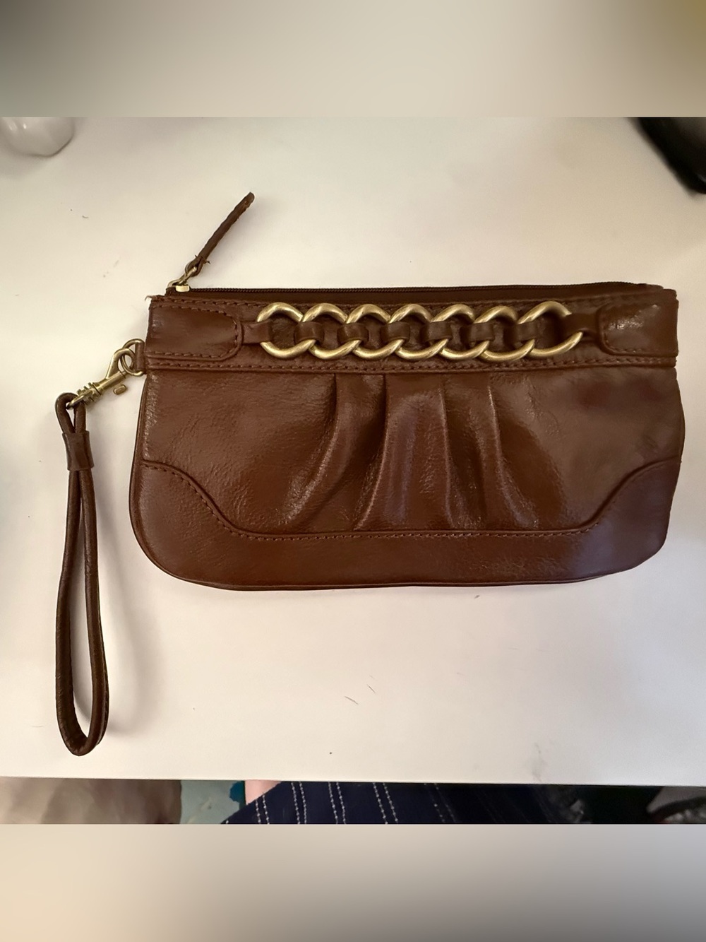Vintage Wilsons Leather Brown Leather Wristlet Clutch with Gold Chain Accent